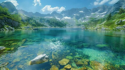 Wall Mural - animation serene mountain and lake view under blue sky generated with ai