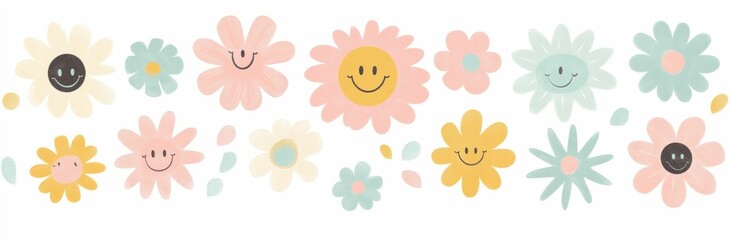 cheerful patterns, flowers, smiling faces, colorful design, playful art, illustrations