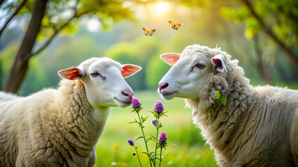 Wall Mural - Two sheep smelling flowers with green trees and butterflies in background, sheep, flowers, trees, green, butterflies