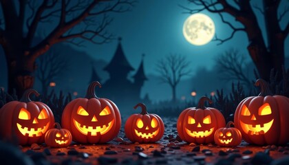 Canvas Print -  Enchanted Halloween night with glowing jackolanterns