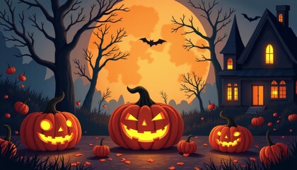 Canvas Print -  Spooky Halloween scene with carved pumpkins and bats