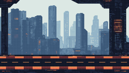 Wall Mural - pixel art racing game level background, pixel retro design, 8 bit image, 2d racing track, road with 