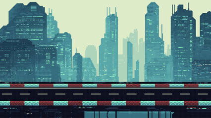 Wall Mural - pixel art racing game level background, pixel retro design, 8 bit image, 2d racing track, road with 