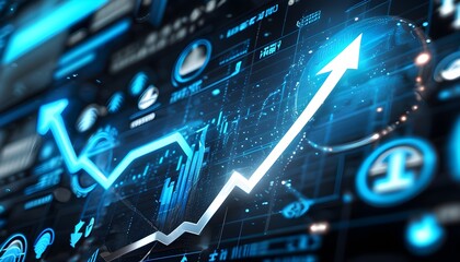 Futuristic digital visualization of global economic trends with upward arrows and currency icons in neon blue and silver