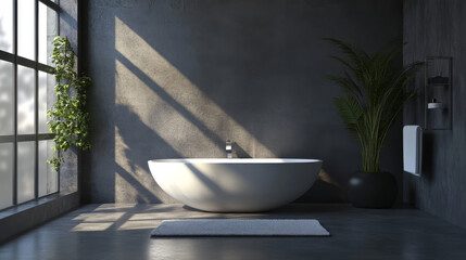 Wall Mural - A sleek bathroom with polished concrete walls and floors.