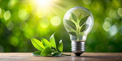 Light bulb with green leaves symbolizing sustainable energy concept, green, leaves, energy, sustainable