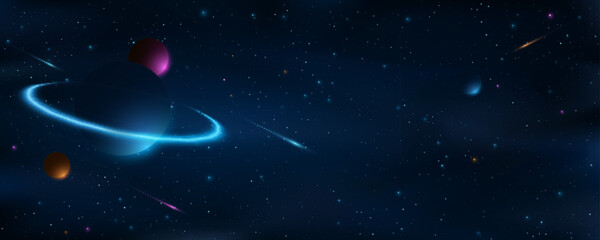 Wall Mural - universe background with colorful planets against the glowing stars. cosmic cover design. starry nig