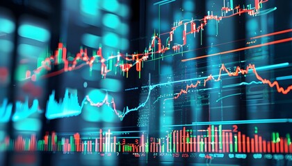 Poster - Futuristic financial visualization of global stock market trends and currency exchange dynamics in digital blue and green tones