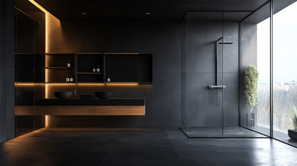 Wall Mural - A sleek, dark bathroom with a large shower. The modern design features black accents and wooden shelves, creating a minimalist look.