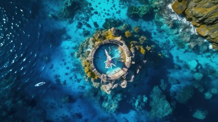 Sticker - Aerial View of a Small Island with a Circular Pool