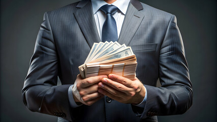 A businessman holding a stack of money , finance, wealth, success, entrepreneur, currency, investment, profit, banking