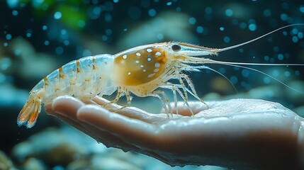 A close-up of a white shrimp with orange stripes on a hand, with a blue background and bubbles.