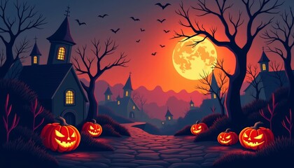 Poster -  Spooky Halloween night with jackolanterns and bats