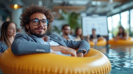 A relaxed man in business attire enjoying a brainstorming session on a float.