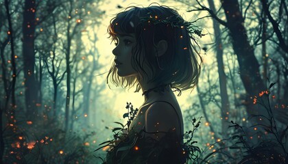 Enchanting silhouette of a girl amidst a mystical forest filled with shadows and soft light