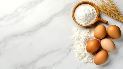 Wall Mural - Flour, eggs, and wheat evoke the beginnings of a delicious creation on a white marble background.