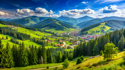 A beautiful summer landscape in Bukovel, Ukraine with lush green mountains and clear blue skies, Bukovel, Ukraine, summer