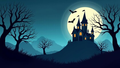 Poster -  Enchanted Halloween Castle Under Full Moon