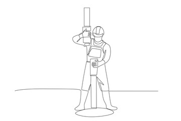 Poster - An oil mine worker is installing a drill. Oil field work concept one-line drawing