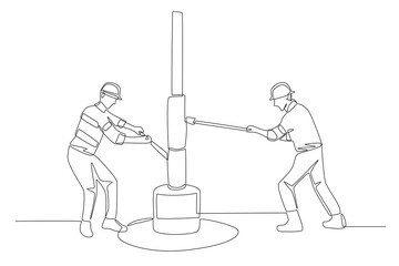 Poster - Two oil rig workers are drilling. Oil field work concept one-line drawing