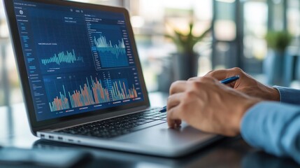 A close-up of a business development professional analyzing market data on a laptop, with graphs and analytics tools visible on the screen