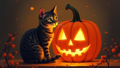 Canvas Print -  Curious kitty meets glowing jackolantern