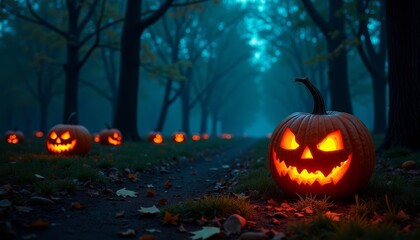 Canvas Print -  Eerie Halloween path with glowing jackolanterns