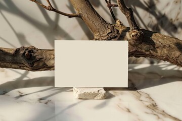 Wall Mural - Business card on white marble wood branch plant.