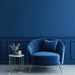 © Colin - Modern blue chair with golden legs and side table against a dark wall, living room mock-up with space for text.
