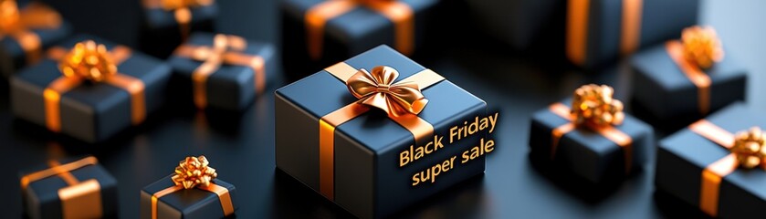 Wall Mural - Black Friday Super Sale Gift Boxes With Orange Ribbon Bows