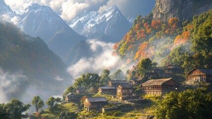 Sticker - Majestic Mountain Village in Autumn Splendor