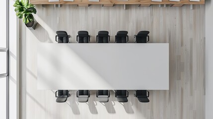 Wall Mural - Top-down view of a modern conference room with a long table, minimalist decor, and ample space for professional collaboration, meetings, and discussions.