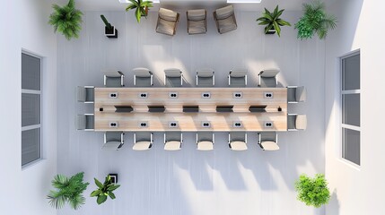 Wall Mural - Top-down view of a modern conference room with a long table, minimalist decor, and ample space for professional collaboration, meetings, and discussions.