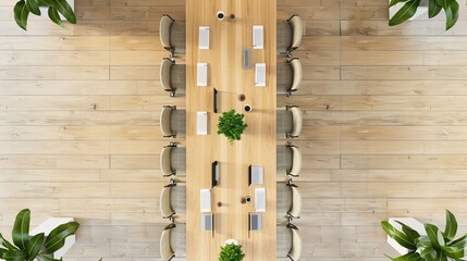 Wall Mural - Top-down view of a modern conference room with a long table, minimalist decor, and ample space for professional collaboration, meetings, and discussions.