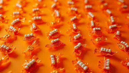 Poster -  A closeup of a vibrant orange candy with white stripes arranged in a grid pattern