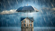 © janya - House covered with umbrella for protection from rain and storm, home insurance, protection, coverage, shelter, safety