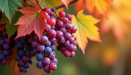 Poster -  Autumns bounty  A cluster of vibrant grapes amidst autumn leaves