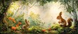 © Waraporn - Enchanting digital depicting a whimsical forest landscape filled with lush greenery vibrant flowers and adorable woodland creatures such as squirrels and rabbits amid a serene peaceful environment