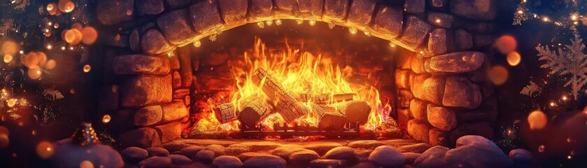 Wall Mural - Cozy and warm fireplace scene with glowing flames, perfect for holiday atmospheres or winter evenings.