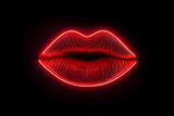 Red neon lips with lipstick isolated on black background