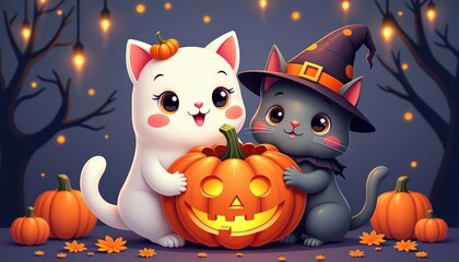 Wall Mural -  Halloween fun with adorable cat friends