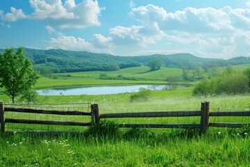 Poster - Green pasture with lake landscape grassland outdoors.