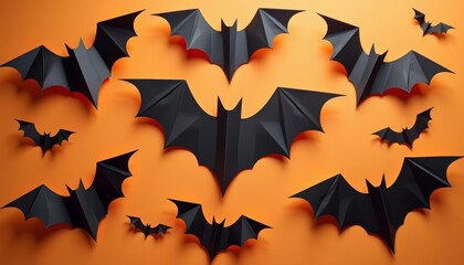 Poster -  Batty for Halloween  A flock of black bats against an orange backdrop