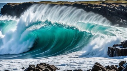 A huge sea wave on the background of a rocky shore