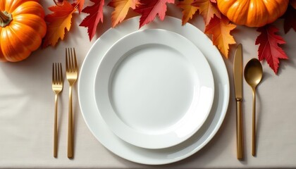 Sticker -  Autumnthemed dining setting with gold cutlery and white plates