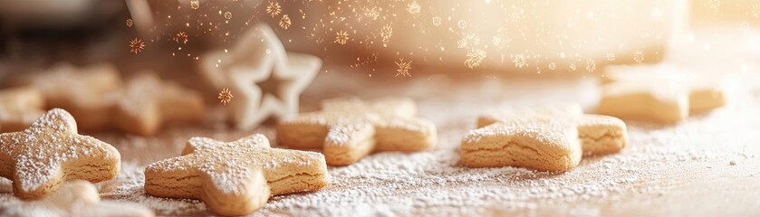 Deliciously decorated star-shaped cookies dusted with flour, perfect for festive baking and holiday celebrations.