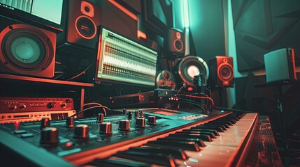 Wall Mural - High-angle view of a modern recording studio with professional soundproof walls, advanced audio equipment, and mixing consoles, highlighting a creative environment for music production