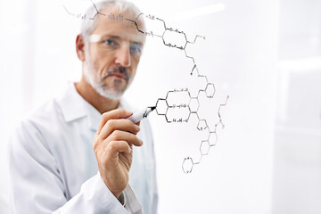 Wall Mural - Science, research and man experiment, DNA molecule and testing for breakthrough, formula and project. Mature person, researcher and professional in facility, confidence and particles with healthcare