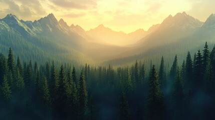 Naklejka na meble A wide panorama of endless forests stretching to the base of towering mountains, with the sky glowing in the background.