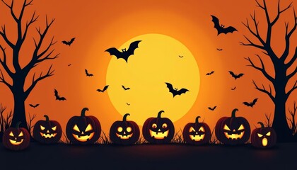 Sticker -  Spooky Halloween scene with jackolanterns and bats